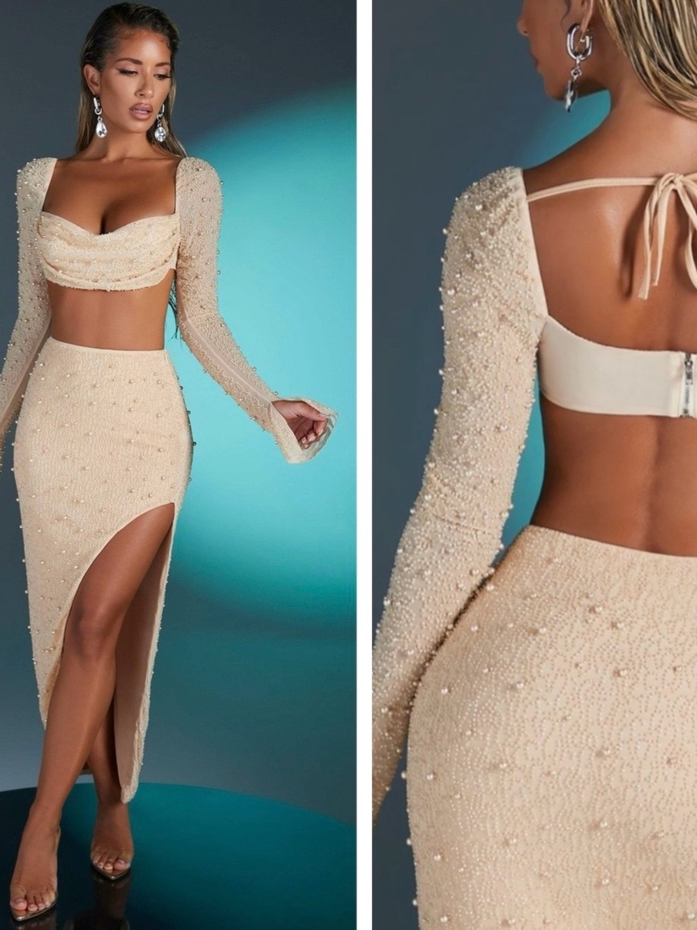 Oh Polly LA DÉSIRADE Embellished Co-ord set in Sand SIZE:4
